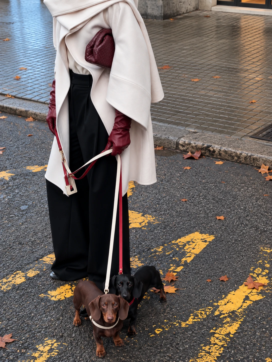 Una mujer de capa blanca y guantes bordó pasea a sus dos perros salchicha, uno marrón y uno negro, por la calle