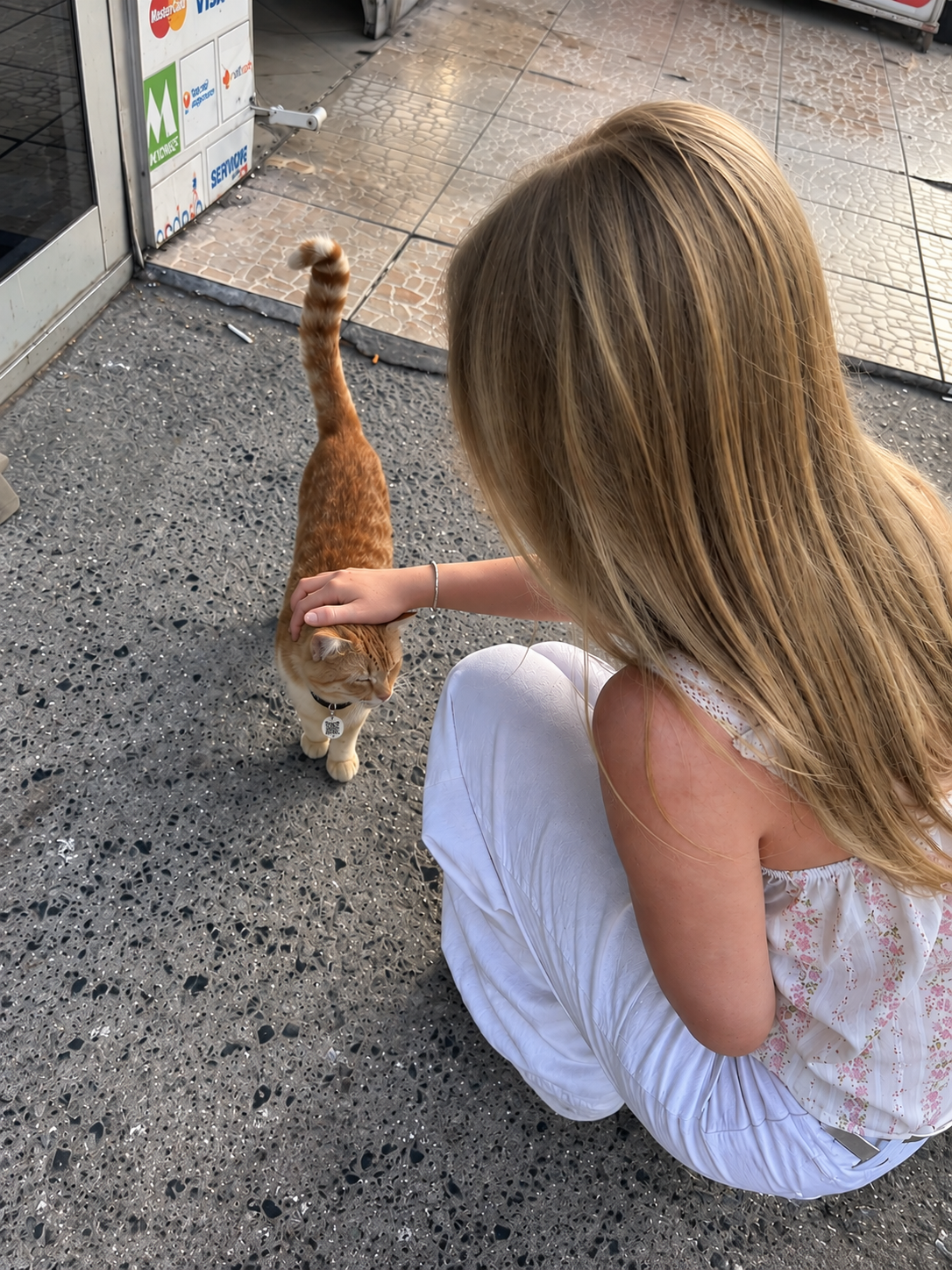 Una chica en cuclillas acaricia a un gato naranja que lleva su chapita Piero en el collar