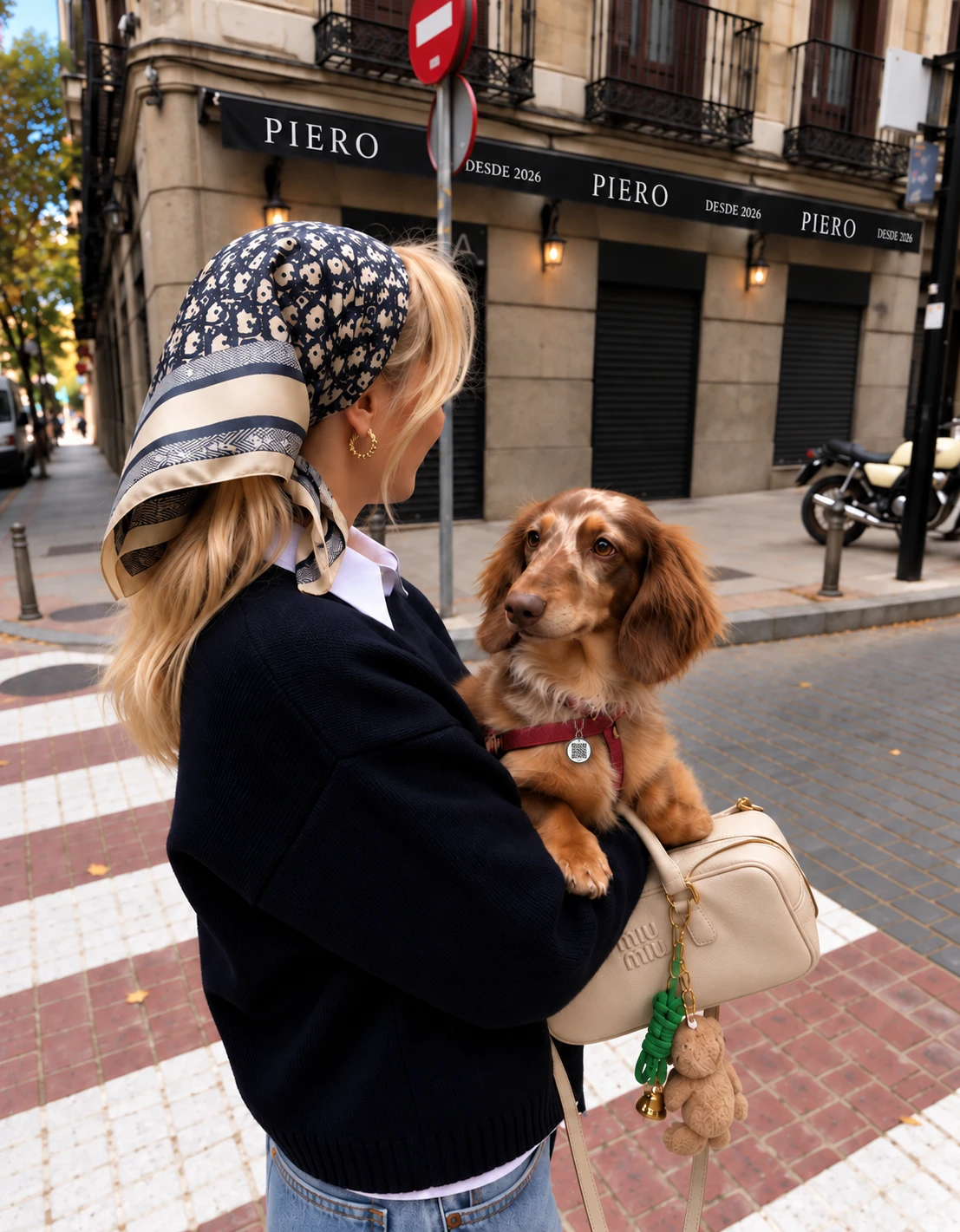 Una chica con pañuelo en la cabeza alza a su perro salchicha, que lleva su chapita Piero en el pretal, frente a un local con el toldo de Piero